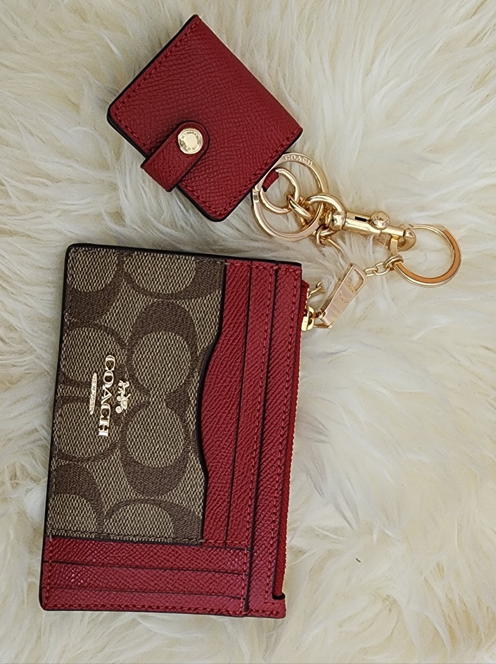 Coach Brown Signature Canvas Card Holder with Red Trim and Gold Hardware